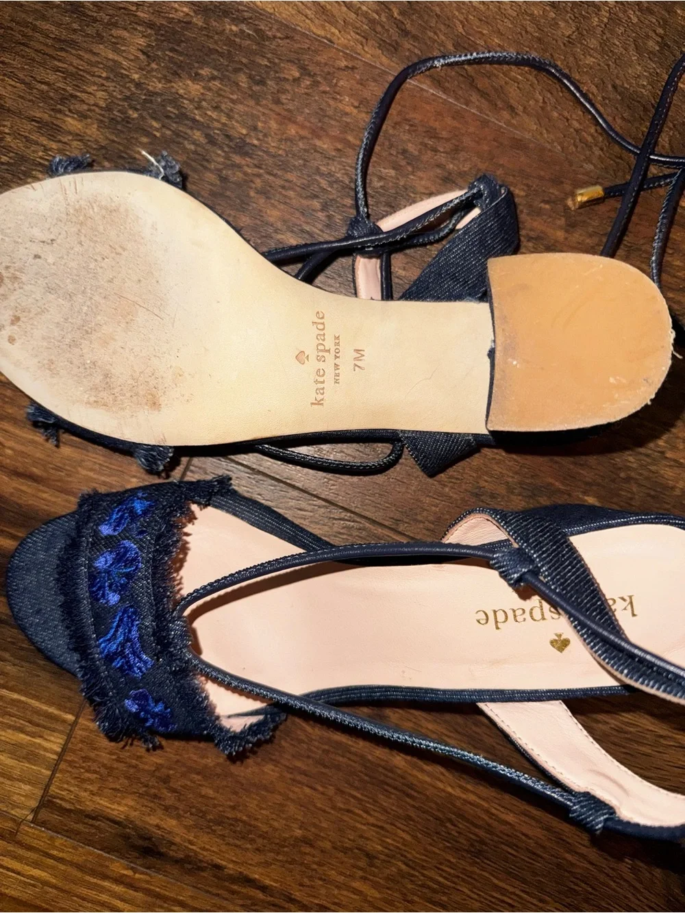 kate spade Navy Embroidered Strappy Block Heel Sandals